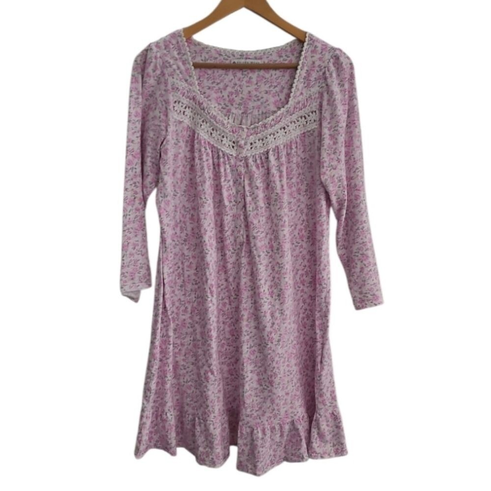 Eileen West Floral Cotton Nightgown S Pink Lace Trim Cottagecore Sleep Romantic